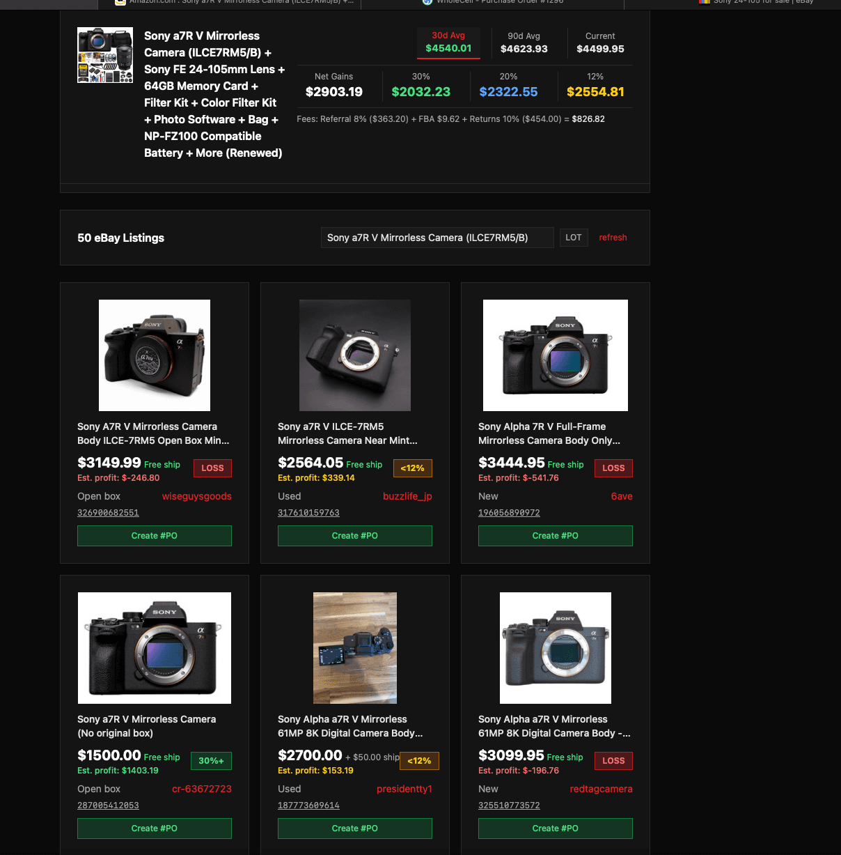 Purchasing tool showing comparison pricing above live listings scored for profitability
