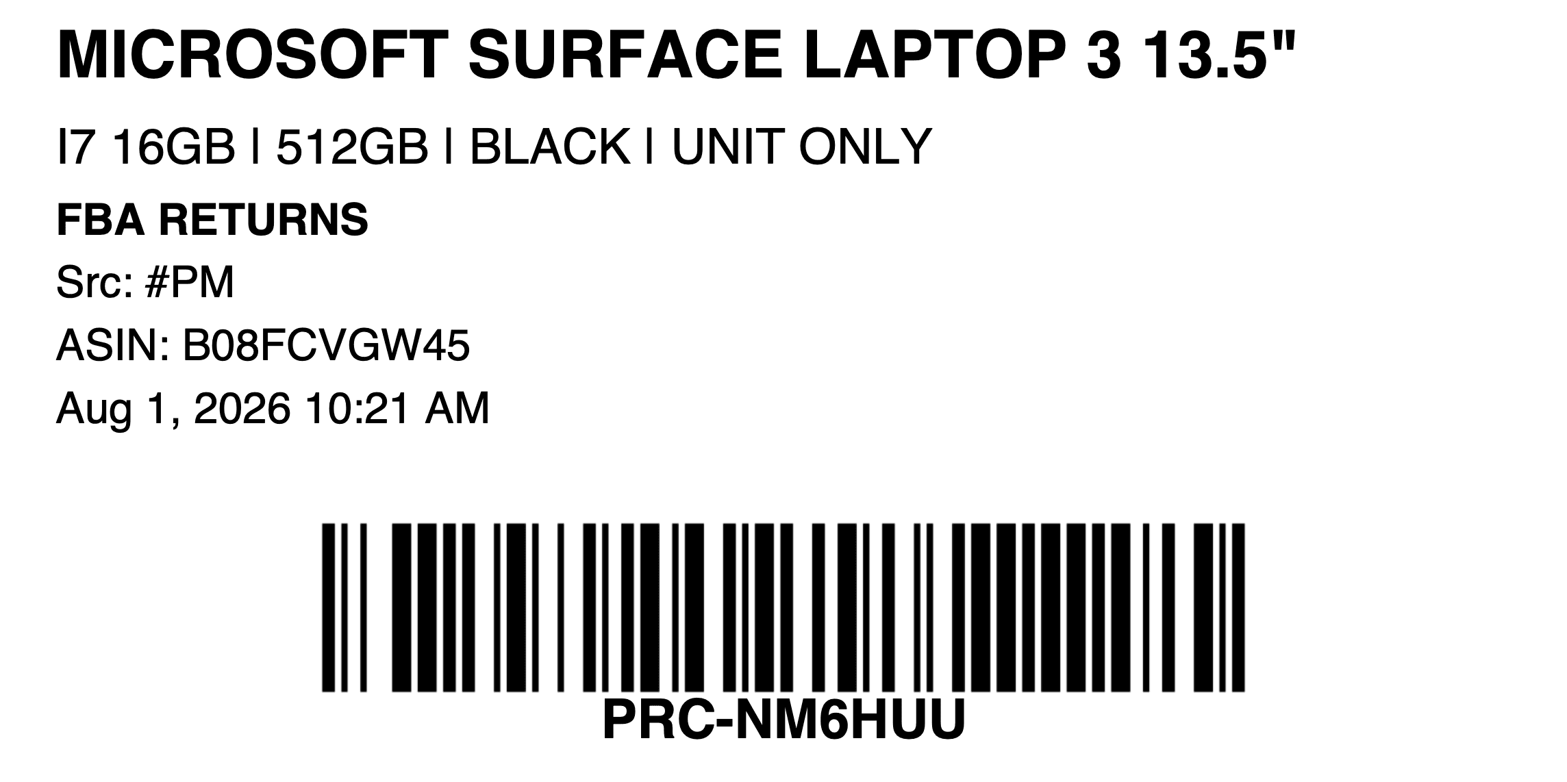 A 4x2 product label showing model, spec, source and barcode
