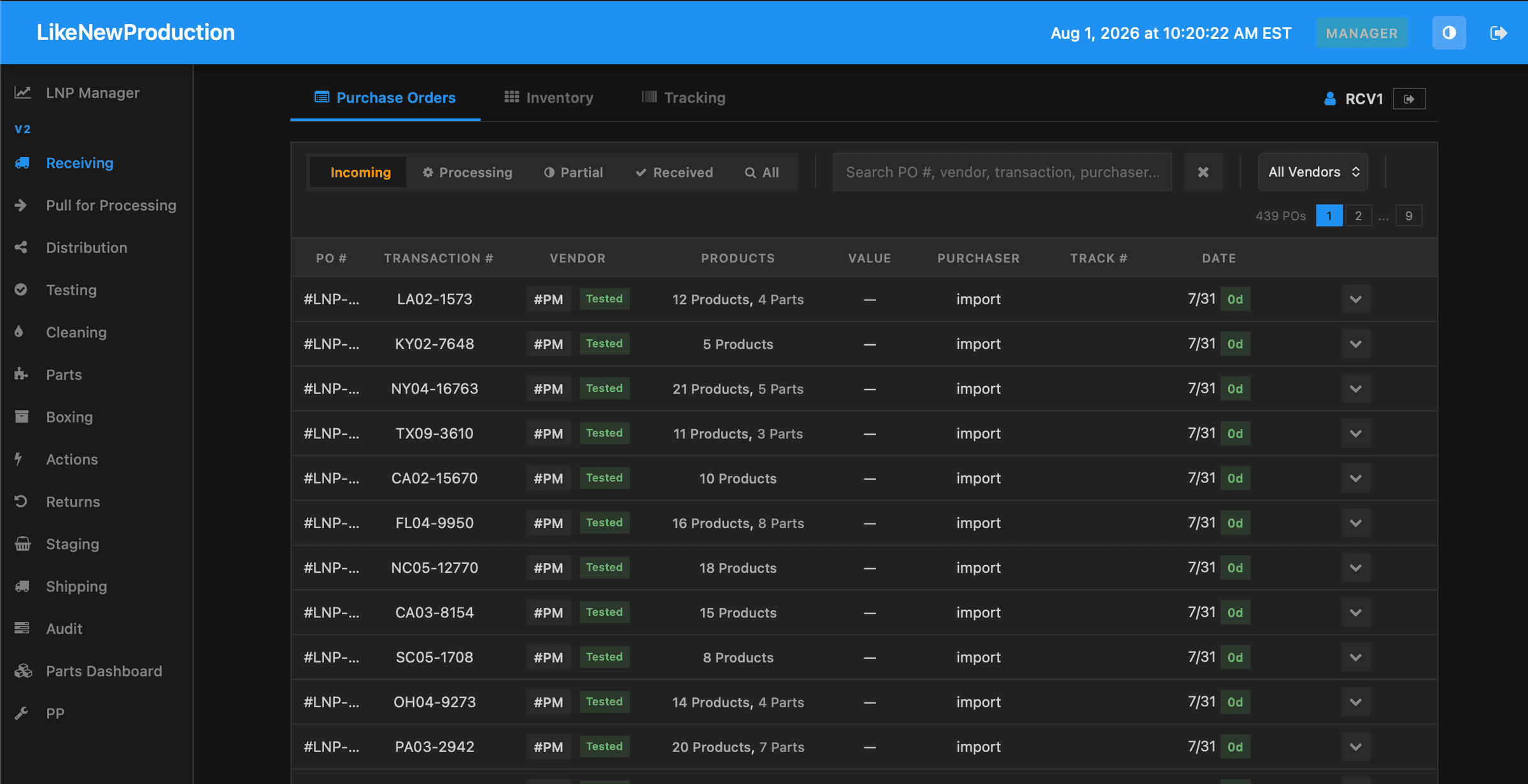 The production system's receiving view, listing incoming purchase orders by vendor and status